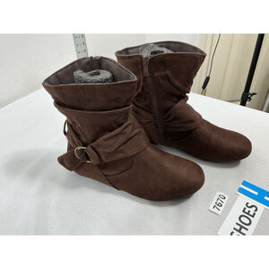 Womans New Forever Flat Ankle Boots 7.5 Brown Side Zip Buckle Accent